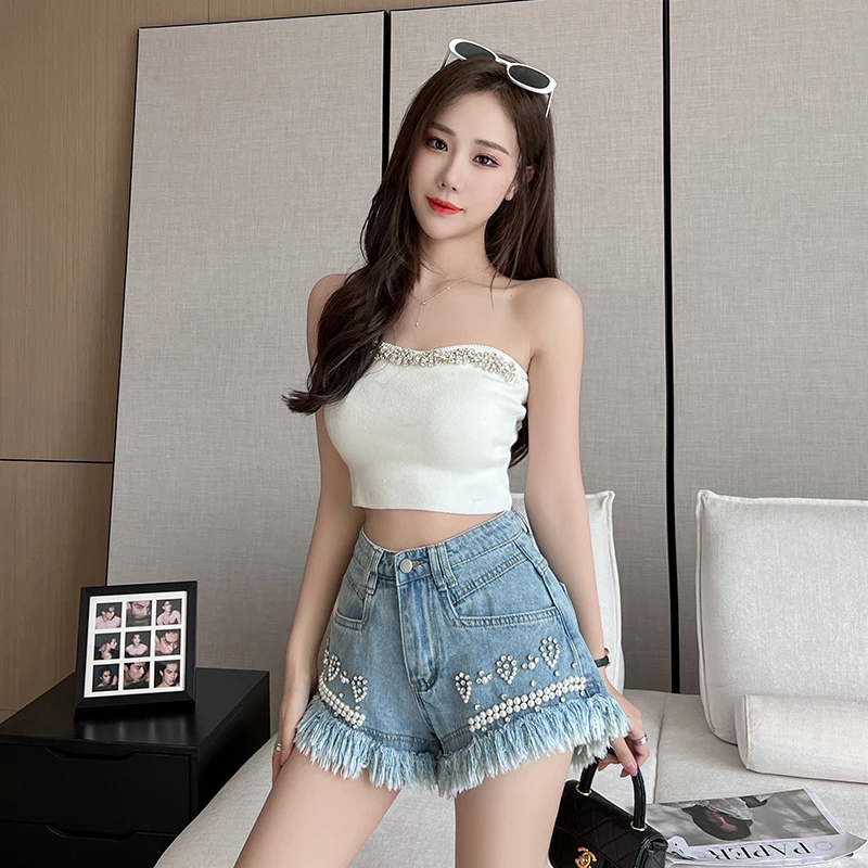 Ladies Casual Beading Denim Booty Shorts Women Clothing Girls High Waist Fur-lined Leg-openings Shorts Female Sexy Clothes B7647