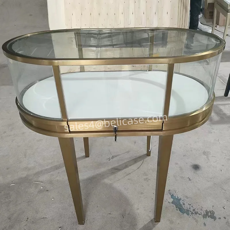 Custom, luxury jewellery shop design curved display counter cabinet jewelry stainless steel showcases jewelry display furniture