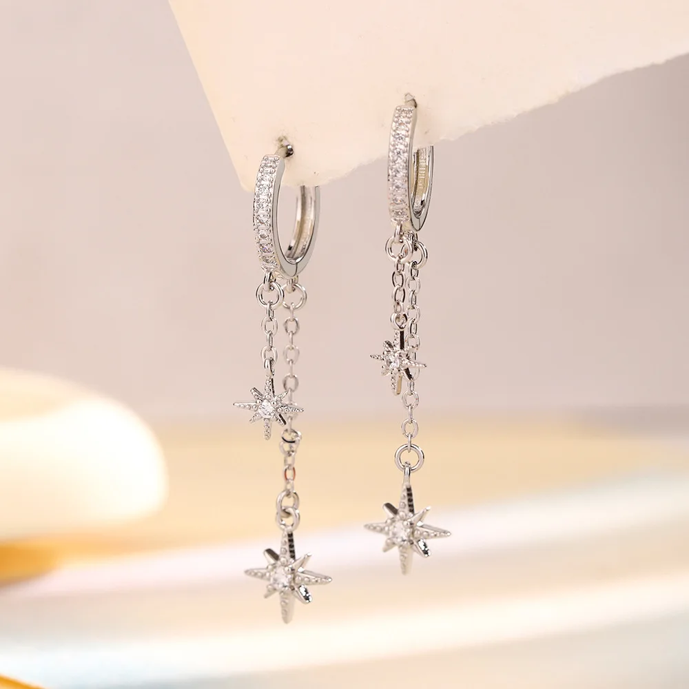Pendientes largos con borlas y estrellas brillantes de 2 capas de Plata de Ley 925 para mujer, joyería para fiesta de boda, regalo, Pendientes femeninos