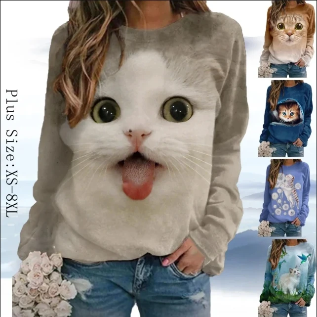 Women Spring Cutie Print Cat Shirt Casual Long sleeve Round Neck belted T-shirt shirt XS-3XL Female Top