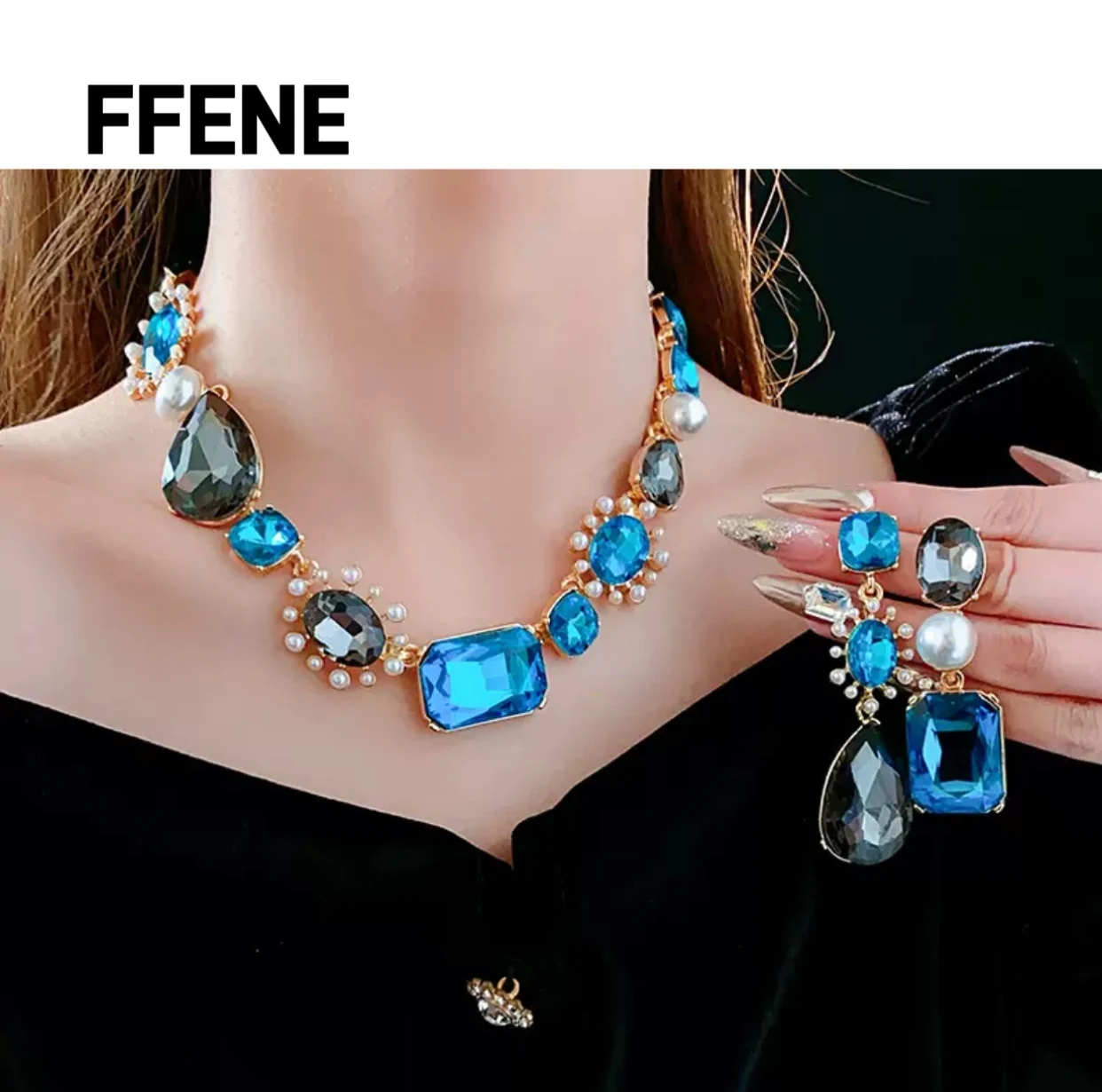 

Hot-selling luxury water drop square high-end pearl necklace temperament exaggerated collar chain jewelry set for women