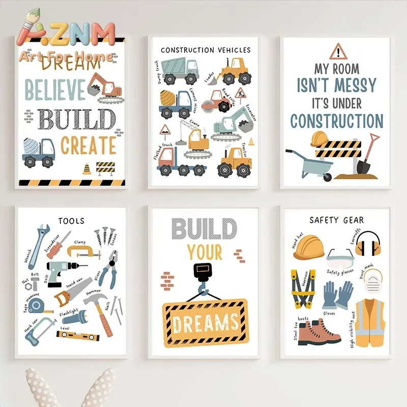 Cartoon Forklift Excavator Car Mud Truck Nursery Wall Art Children's Posters And Prints For Baby Kids Room Decor Canvas Painting