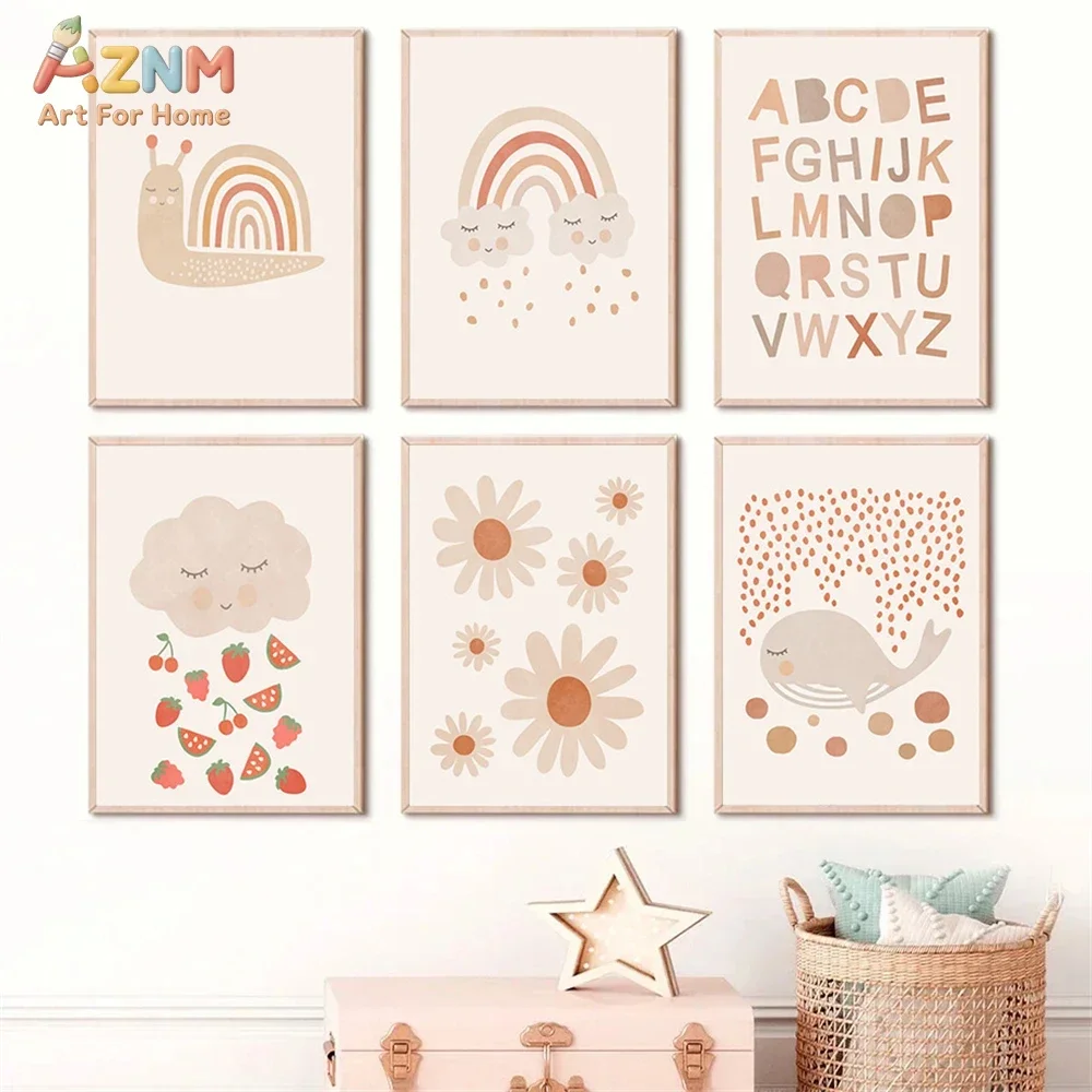 AZNM Boho Neutral Nursery Canvas Wall Art, Snail Whale Alphabet Rainbow Flower Cartoon Print Kids Room Educational Bedroom Home