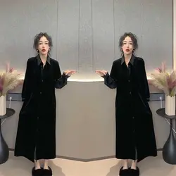 Lazy Fashion Women 2024 New Autumn and Winter Shirt Collar Single-breasted Loose Velvet Style Dress