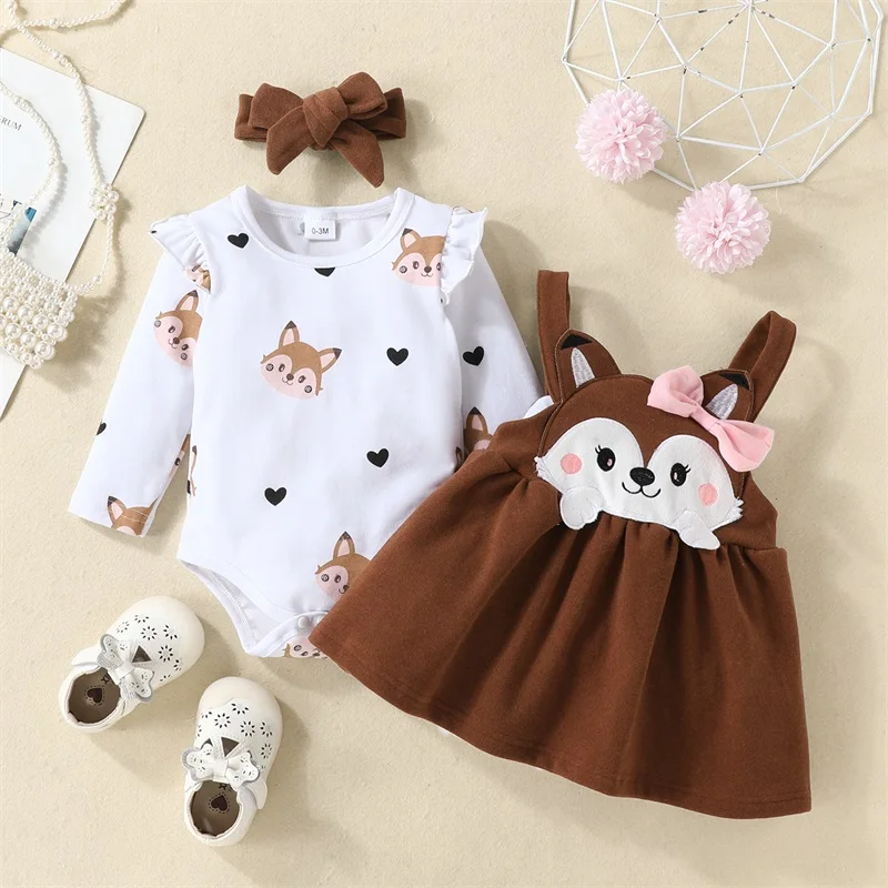 2023-06-04 Lioraitiin 0-18M Newborn Infant Baby Girls3Pcs Outfits Long Sleeve Ruffle Bodysuit Fox Print Suspender Skirt Headband