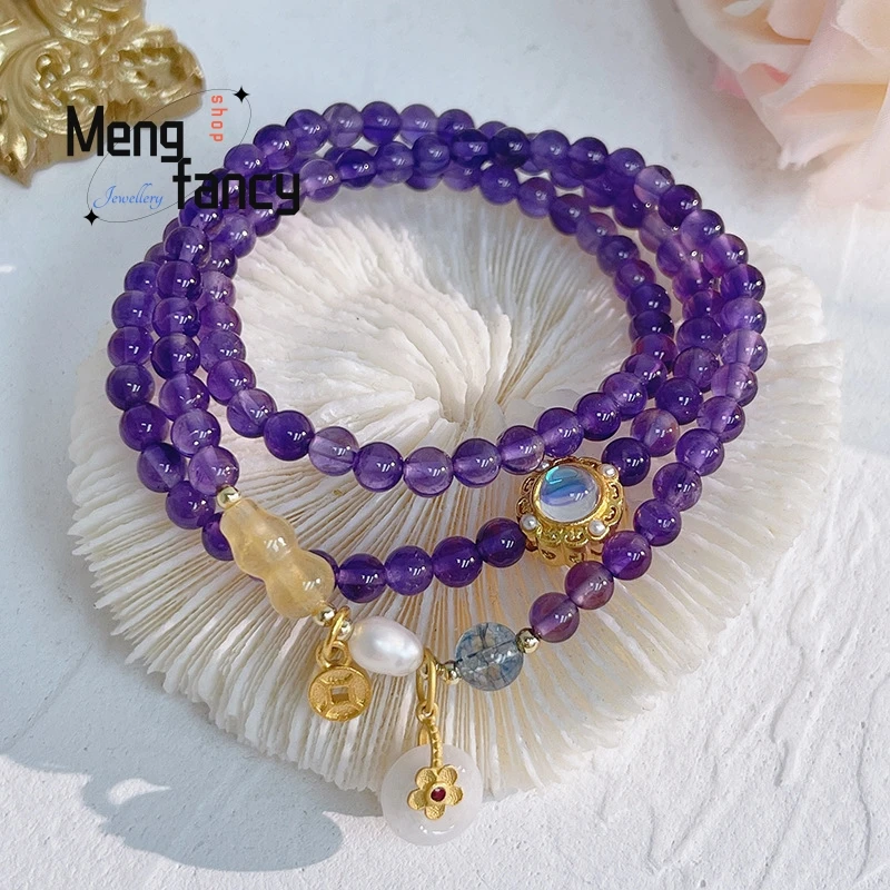 Natural Three Circle Amethyst Peace Button Small Flower Vintage String Bracelet Exquisite Elegant Sexy Young Girls Holiday Gifts