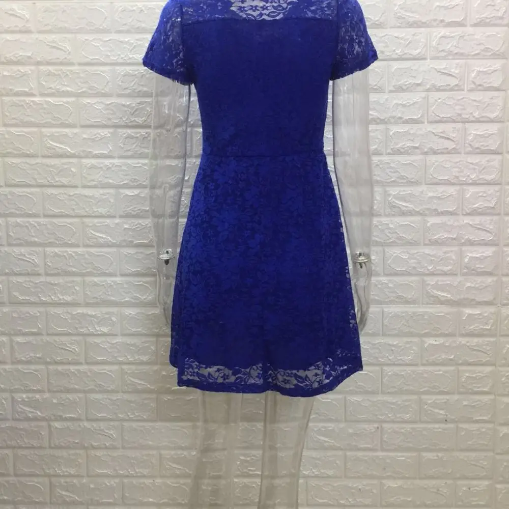 Summer Elegant Blue Lace Dress Women Round Neck Short Sleeve Midi Gowns Casual Slim Fit Fashion Office Party Stylish Skirt