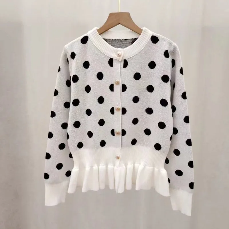 Polka Dot Cardigans Women Contrast Trim Pearl Button Ruffles Sweaters Waist Cinch Knit Top Light Luxury Vintage Sueter Mujer