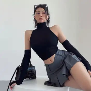 Y2K 時尚高領吊帶夏季沙灘純色露臍背心 6 最佳銷售 無袖露臍上衣 - №5