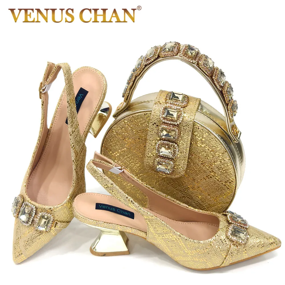 

Pointed Toe High Heels Shoes and Bags Set for Women Luxury Rhinestone Evening Wedding Party in Gold Color Elegant Round Handbag