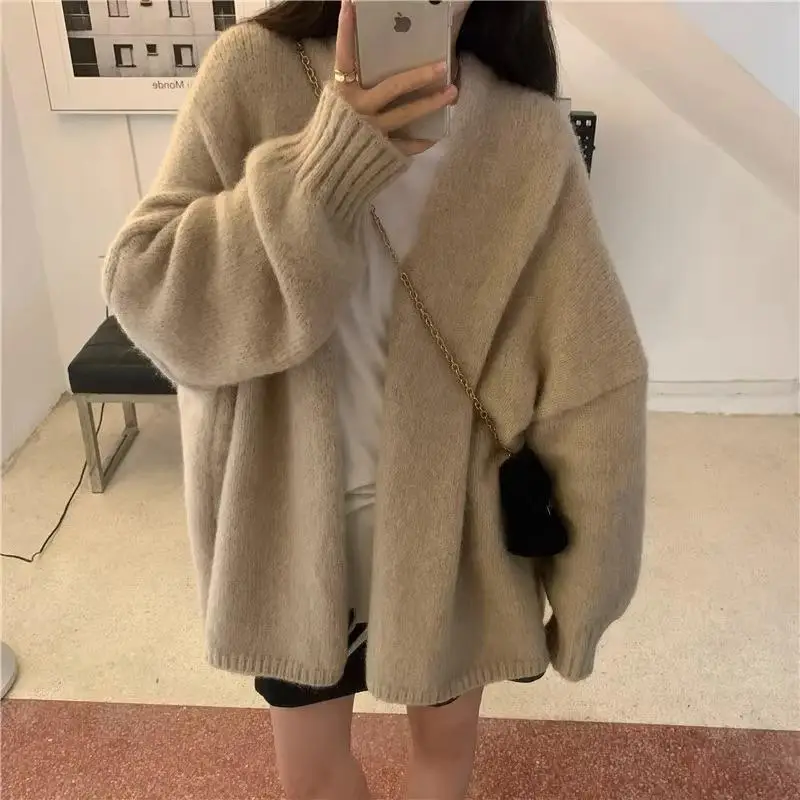 Autumn/winter Women's Sweater Jacket Thickened Medium-length Knitted Cardigan Puff Sleeves Korean Style 2024 New Model