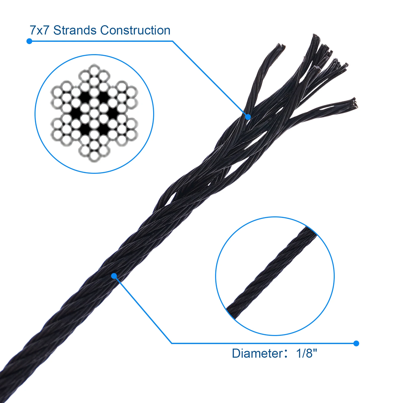 

400 Feet (Approximately 122 Meters) of 1/8 Inch Black Cable Rope, Made from 316 Stainless Steel