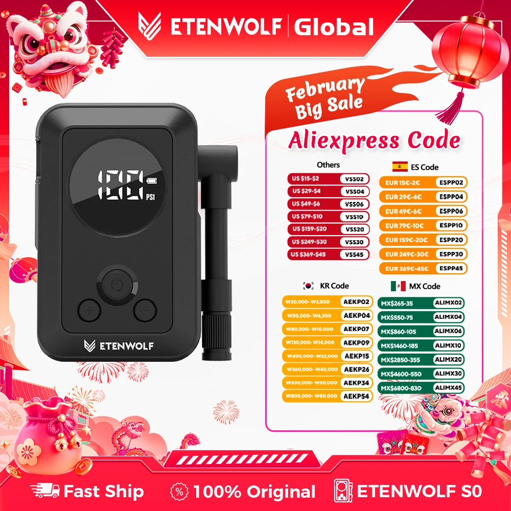 

ETENWOLF S0 Мини Портативный Электрический Велосипедный Шиномонтажный Насос Беспроводной Накачиватель с Экраном 150PSI Макс. Давление 2400 мАч Аккумулятор