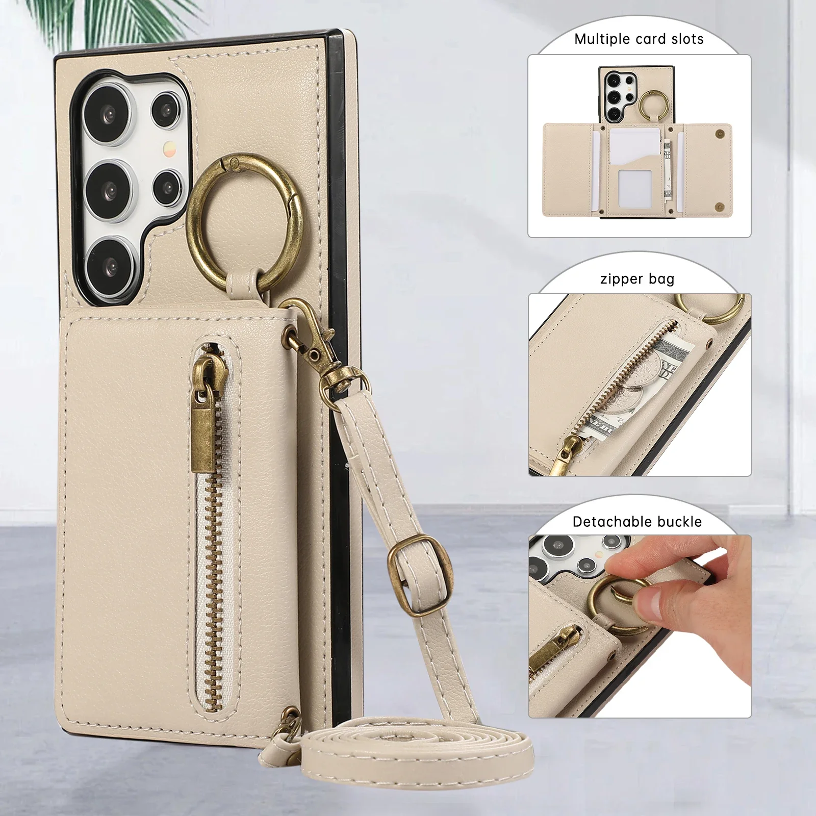 Crossbody Zipper Cards Holder Wallet Leather Case For Samsung Galaxy S24 Ultra FE S25 S23 FE S22 Plus A55 A15 A16 A35 Ring Cover