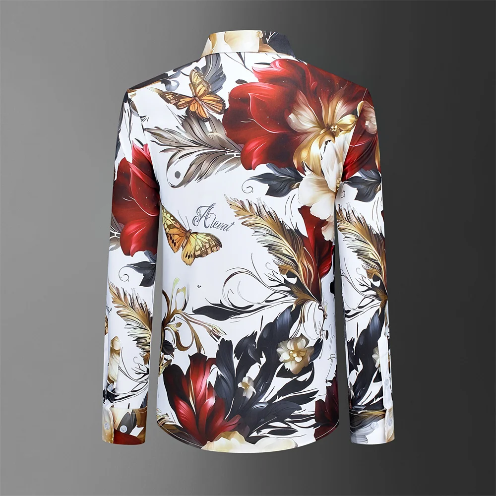 2025 Camisa de manga larga con estampado de flores Retro para hombre, Camisa barroca de lujo, trajes de Club Social, Camisa Masculina