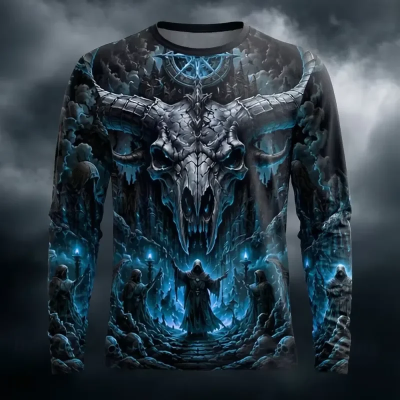3D Printed Casual Long Sleeve Men's T-Shirt 2026 Gothic Bull Skull Wizard Werewolf Dark Castle Halloween Streetwear Crew Neck