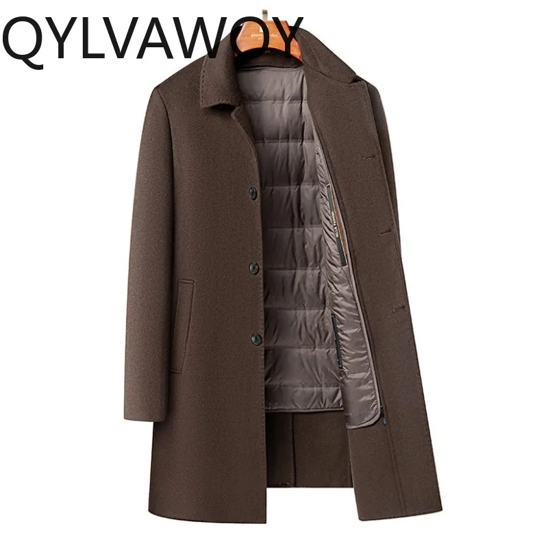 

Мужская куртка QYLVAWOY из 70% шерсти, высококачественная новая зимняя куртка средней длины с отложным воротником, со съемным пуховым утеплителем, утолщенная одежда для мужчин