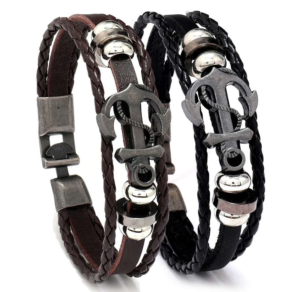 Cool Anchor Bracelet for Men Cowhide Leather Back to School Braided Wristband Sailor Accessory