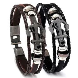 Cool Anchor Bracelet for Men Cowhide Leather Back to School Braided Wristband Sailor Accessory