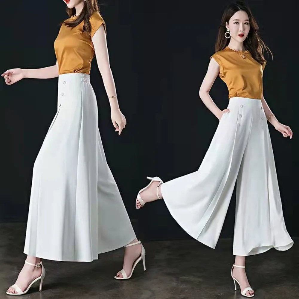 

Appear Thin High Waisted Wide Leg Pants Y2K Solid Color Pleated Culottes Office Suit Oversized Straight Casual Trousers Daily