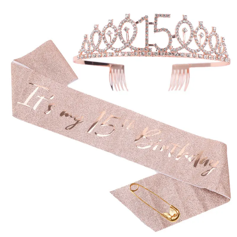 2pcs/set 13th 15th 18th Birthday Sash and Tiara for Girls Rose Gold Birthday Sash Crown for Happy Birthday Party Favor Supplies