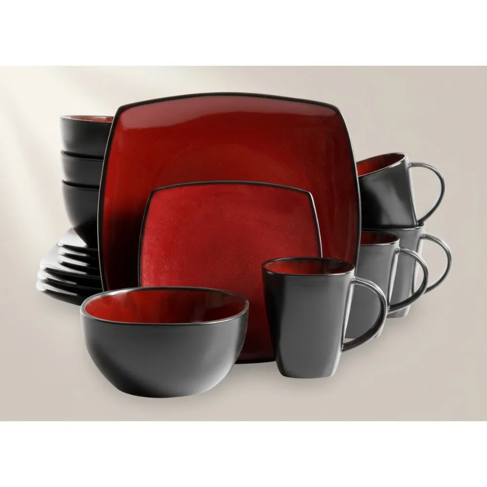

Modern Square Reactive Glaze Dinnerware Set, Red, 16-Piece Service for 4 - Durable Stoneware for Everyday & Gifting