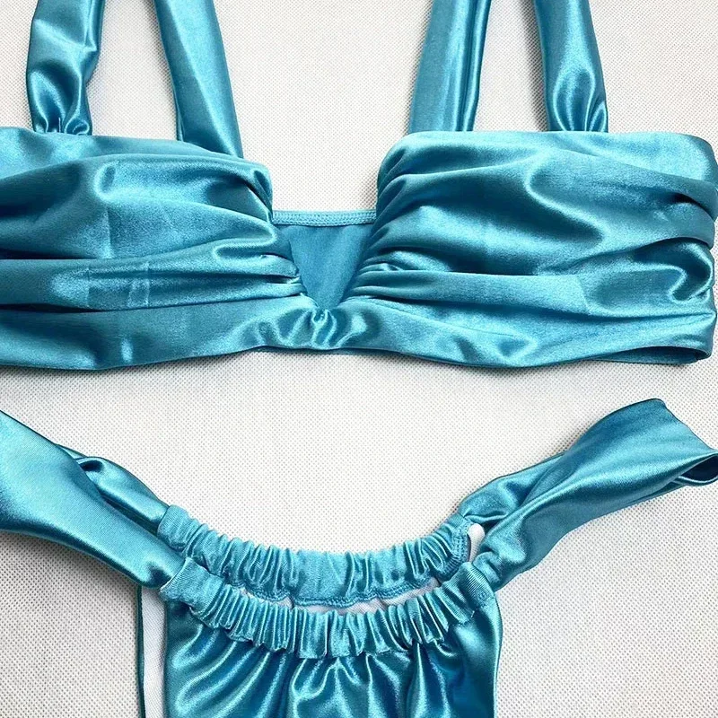 BEACHCICI damskie bikini dwuczęściowe letnie seksowne eleganckie solidne błyszczące plisowane pończochy stringi z wysokim stanem wakacje plażowe