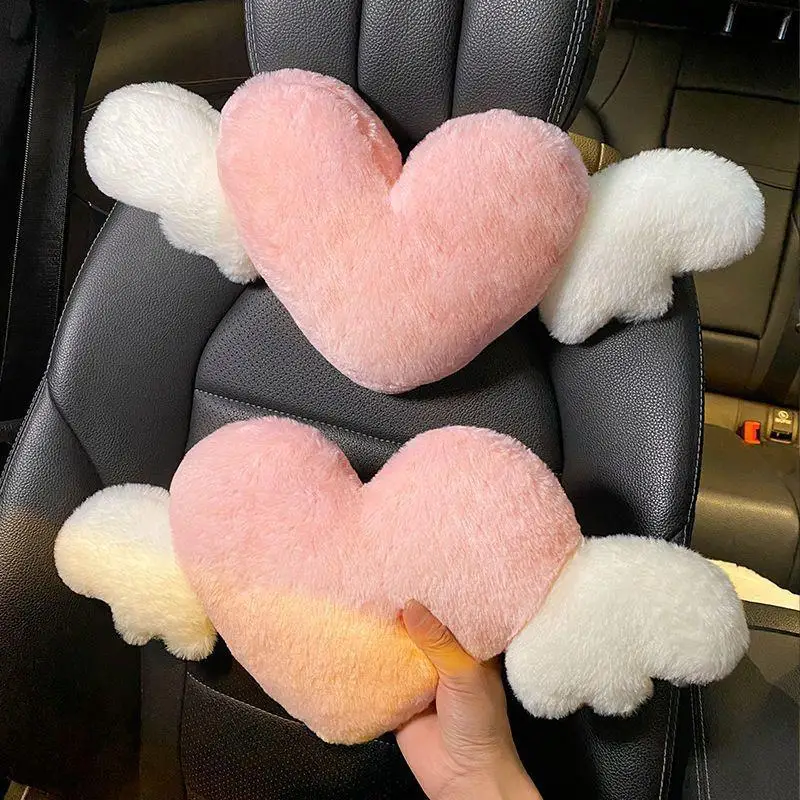 Cute Pink Heart Angel Wing Car Neck Pillow Soft Plush Lumbar Support Car Seat Cushion for Comfortable Travel Interior Decoration