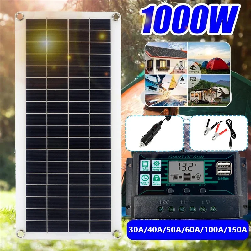 1000W Solar Panel 12V Solars Cell 10A-150A Controller Solares Panels for Phone RV Car MP3 PAD Charger Outdoor Battery Supply