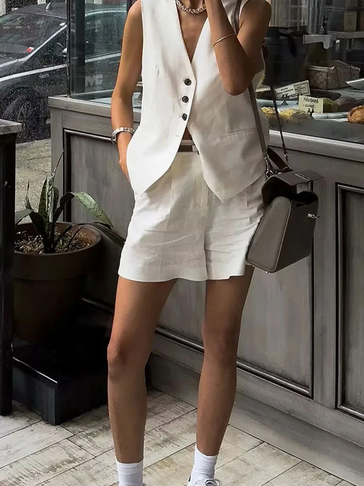 TRAFZA Women Elegant Solid Button Sleeveless Linen Shorts Set Vintage Casual V Neck Chic Vest Set 2024 Women\'s Office Lady Suit