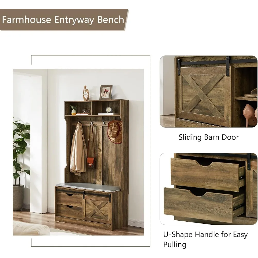 مقعد مدخل باب الحظيرة المنزلق مقاس 71 بوصة على طراز المزرعة مع رف معطف وتخزين للممر