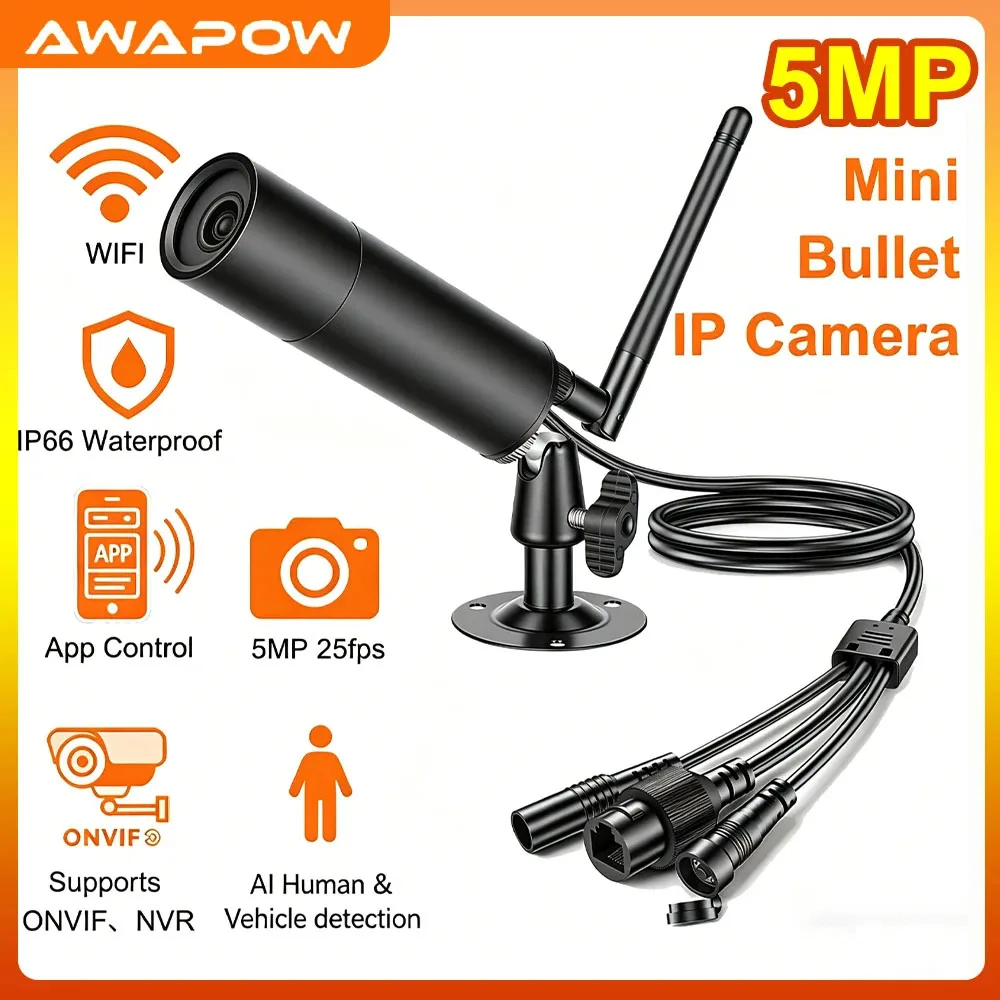 Awapow 5MP Mini IP Camera POE Onvif Bullet Cameras IP66 Outd