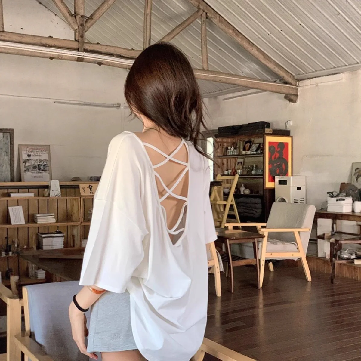 Summer large-size women's clothing new solid color casual loose irregular sexy halter round neck short-sleeved T-shirt