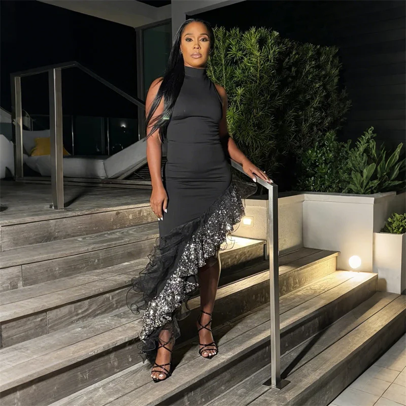 Doyerl Elegant Black Bodycon Maxi Dress Women Sleeveless Night Club Celebrity Sequins Ruffles Asymmetrical Party Prom Dresses