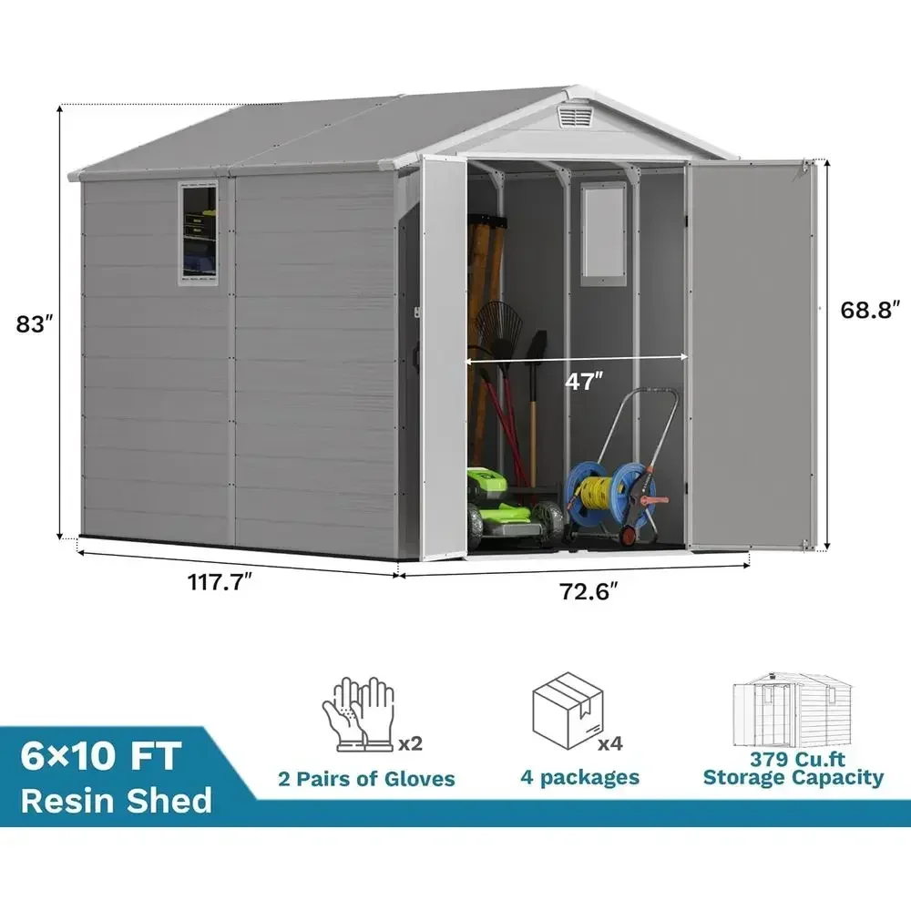 10ft x 6ft Outdoor Plastic Storage Shed with Floor, Lockable Door, Window, Waterproof for Tools, Garden, Backyard - Light Gray