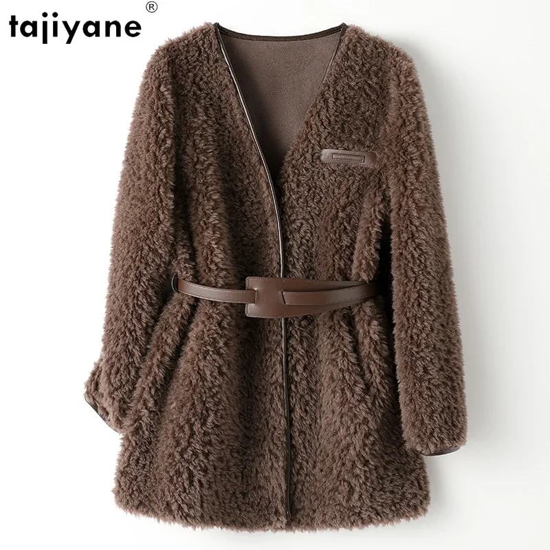 Tajiyane 100% Sheep Shearing Jacket for Women 2023 Autumn Winter Fur Coat Women Medium Elegant Wool Coats V-neck Abrigos Mujer