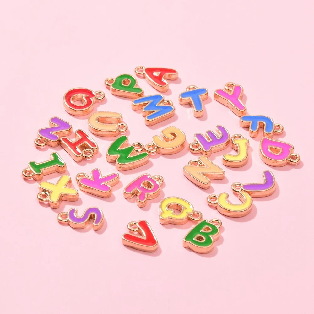 26Pcs Colorful Enamel A-Z Alloy Pendants Initial Alphabet Pendant Charms Light Gold Letter Shape Beads Double Side