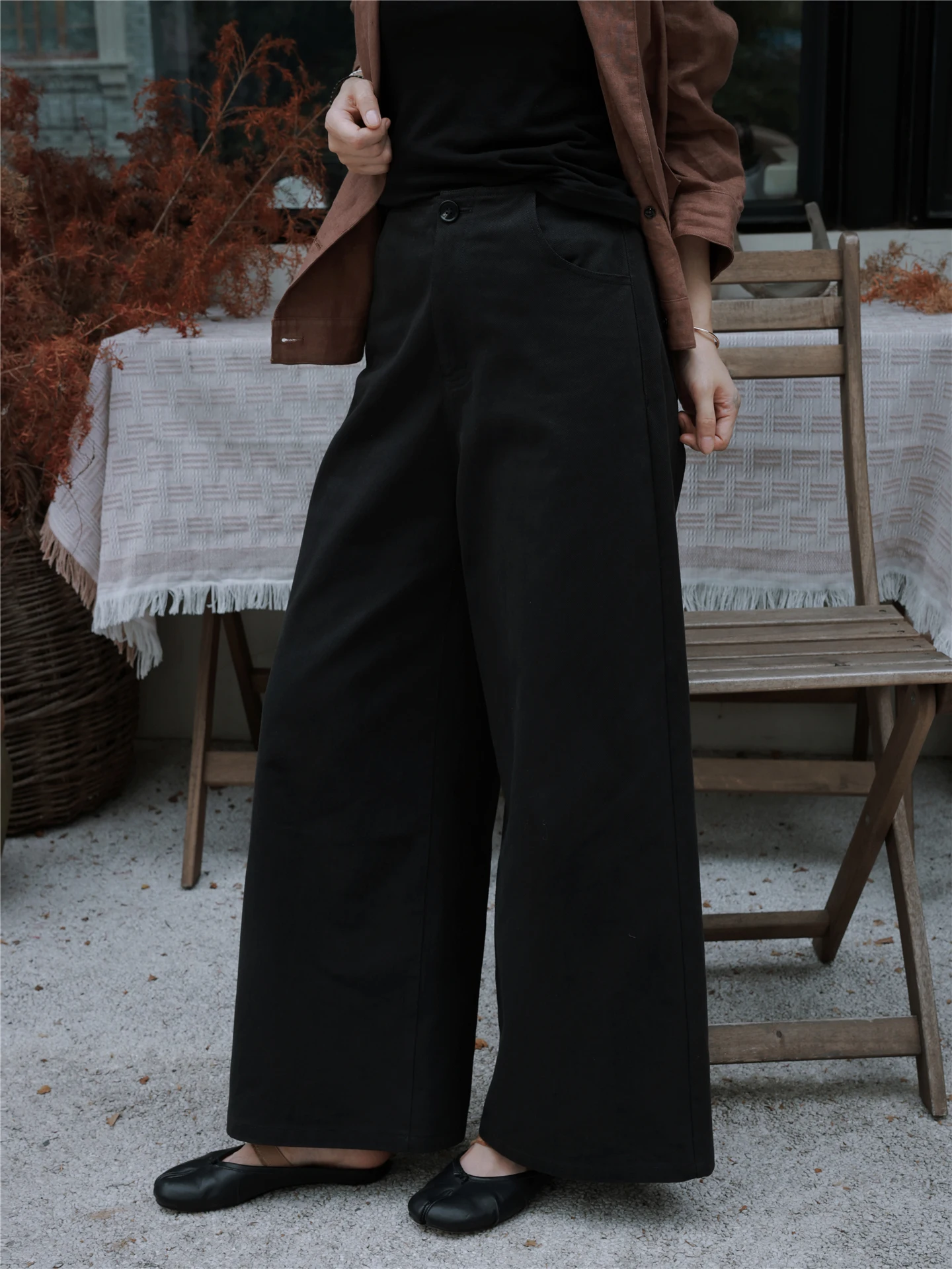 

Классические черные широкие брюки прямого кроя для женщин, летние, маленьких размеров, струящиеся, повседневные, из смесового хлопка TT Atelier