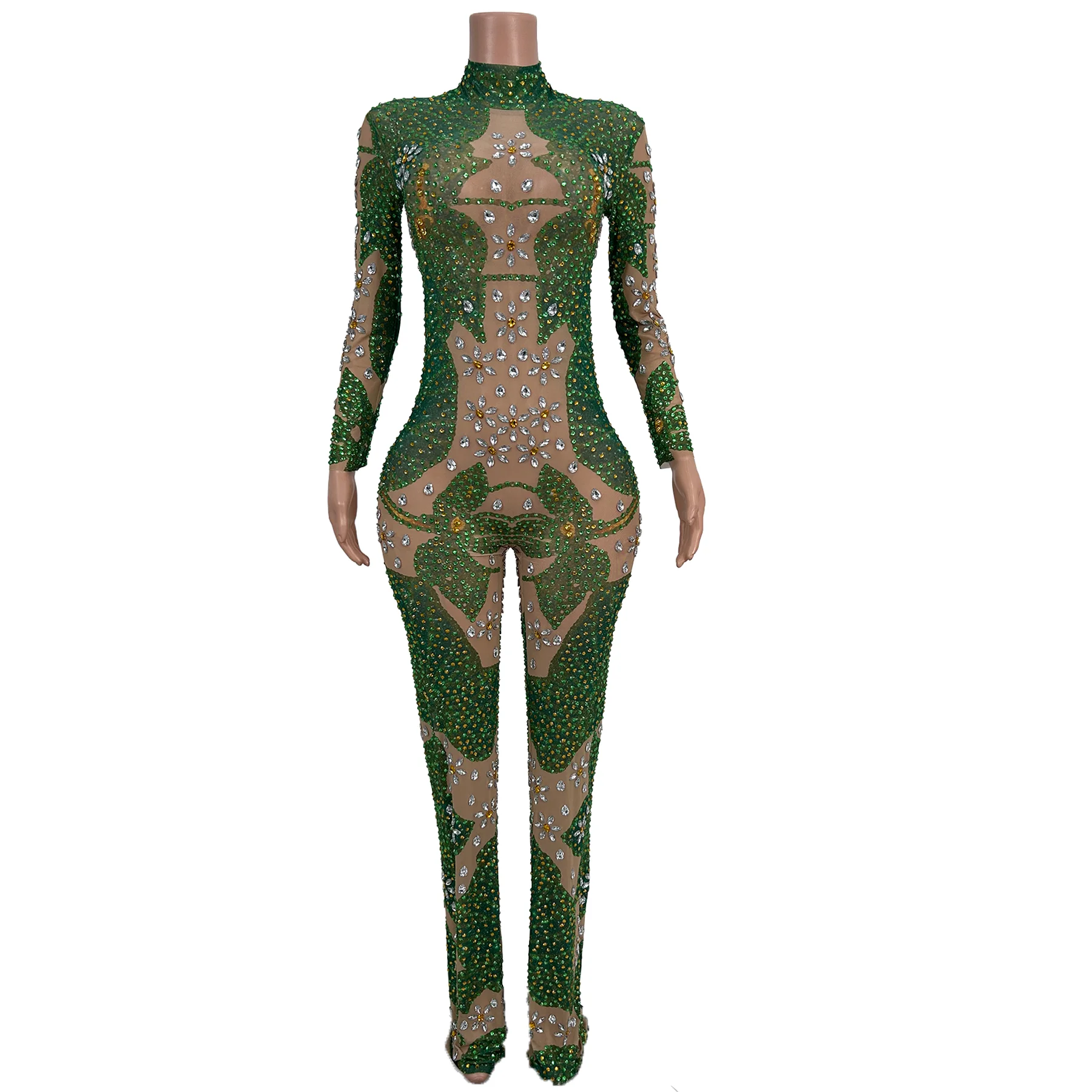 Green Rhinestone Mesh Jumpsuit Long Sleeve Sheer Outfit Women Stage Performance Drag Queen Carnival Party Bell-bottoms Hehuaye