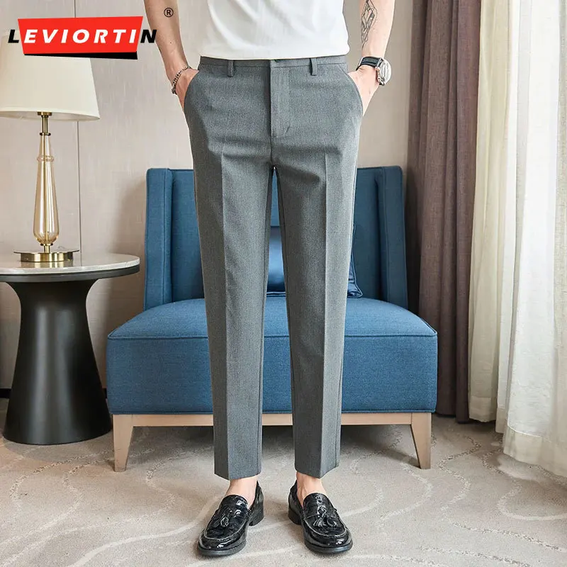 

2024 Spring/Summer Ankle length suit pants for men's casual slim fit solid color basic style versatile office social pants