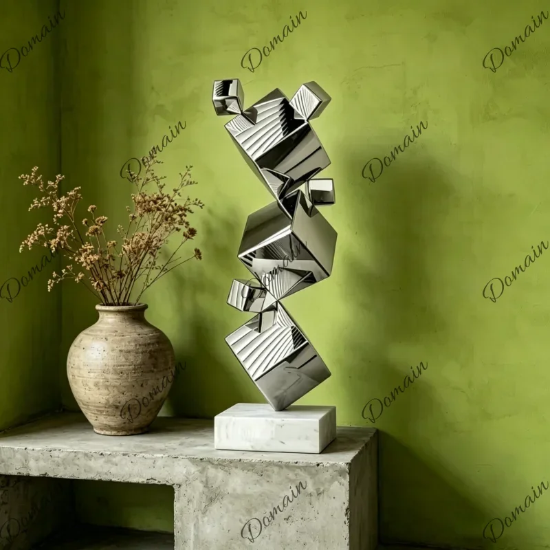 Stainless Steel Water Ripple Cube Geometry Mirror Creative Model Decor for Hotel Office Porch Home Shop