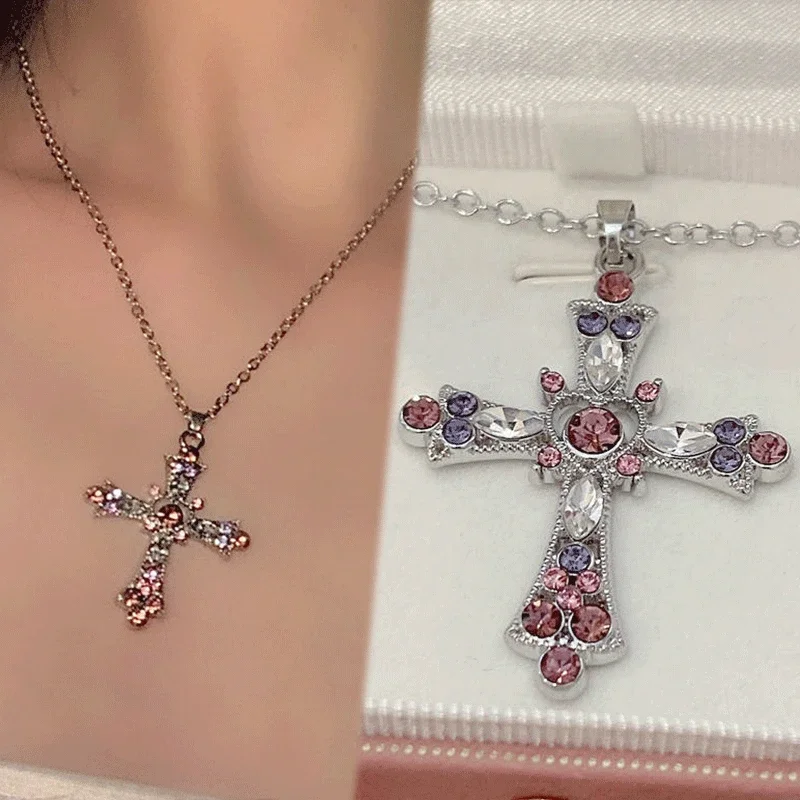 Pink Zircon Cross Pendant Jewel Necklace Fashion Gothic Punk Y2K Rhinestone Jewellery Fashion Charm Statement Women Gift