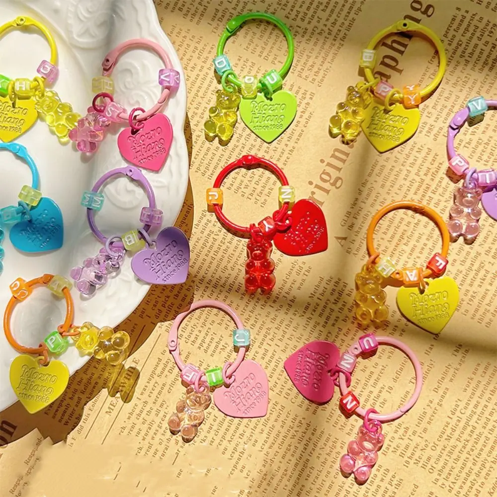 Cartoon Bling Heart Bear Key Ring Transparent Letter Resin Gummy Bear Keychain Candy Color Bag Decoration Lovely Bag Pendant
