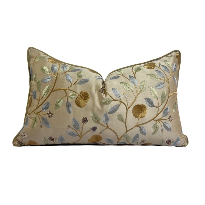 

Luxury Fashion Designer Camel Lumbar Pillow Case Embroideried Leaves 12x20" Home Chair Decorative Cushion Cover 1 Piece Pack