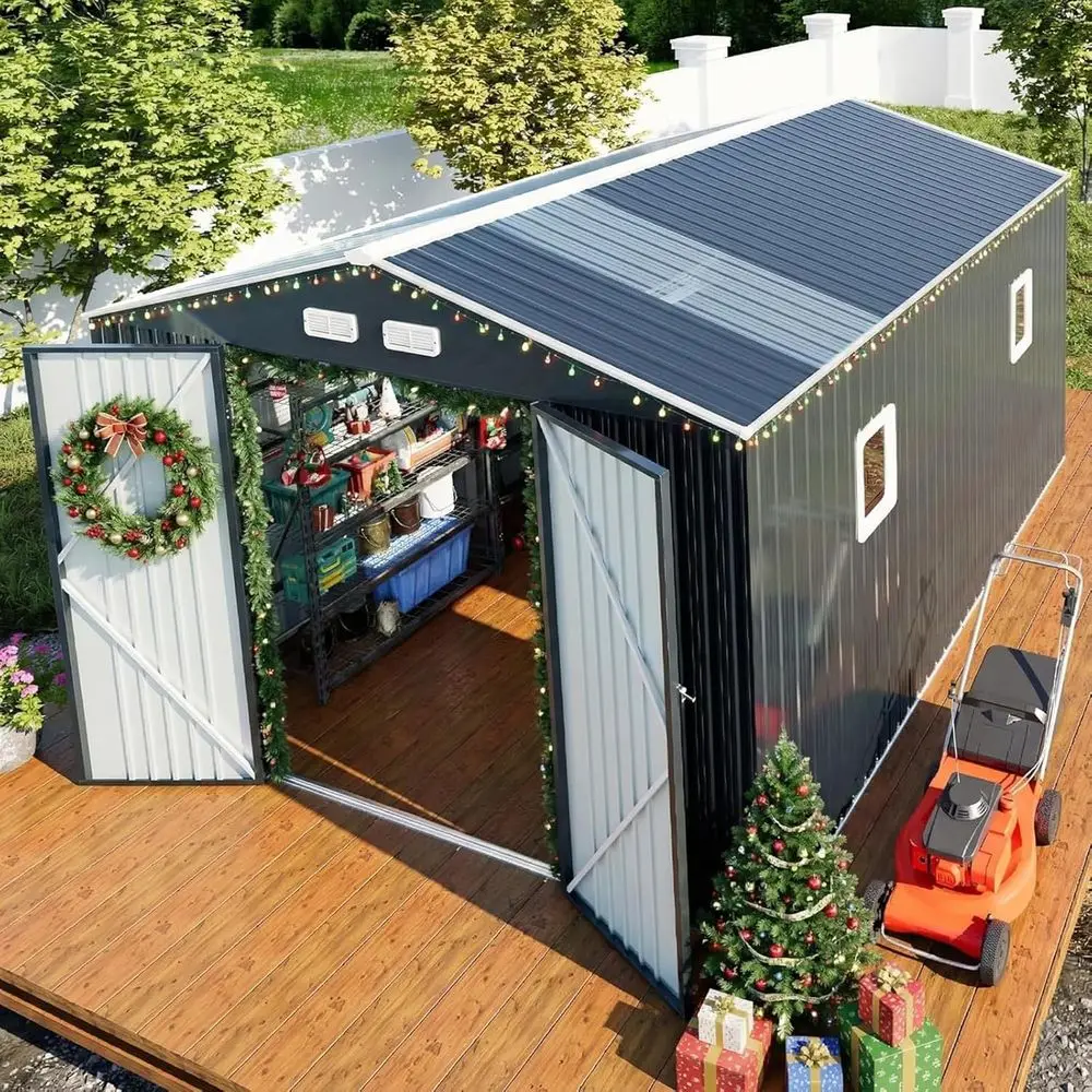 10x12 Outdoor Storage Shed with Floor, Translucent Panels, Windows, and Lockable Door for Garden, Backyard, and Patio