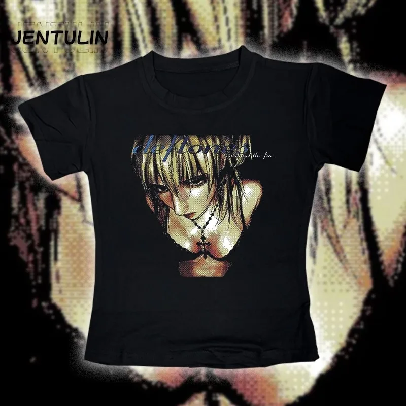 Women's Hip Hop 90s Vintage Punk T-Shirt Streetwear Sexy Short Sleeve Gothic Slim Crop Top Hot Girl Y2k Clothes Casual K Pop Tee