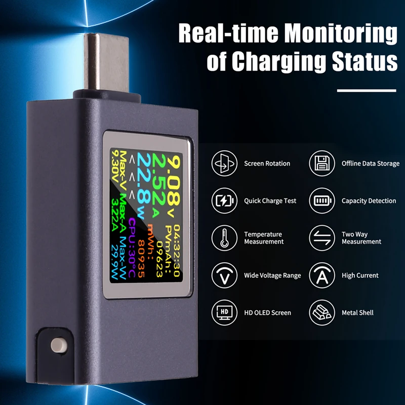 DC4.5-50V 0-12A PD3.1 Multi-Function Digital Display DC Voltage Ammeter Power Meter Type-C Cell Phone Charging Tester