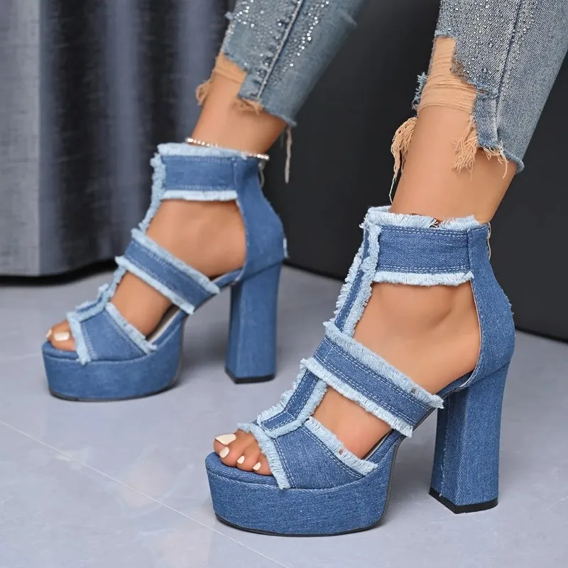 

Summer Women Sandals New Platform Blue Denim Ankle Strap High Heels Shoes for Women Fashion Outdoor Sexy Peep Toe Sandals Women
