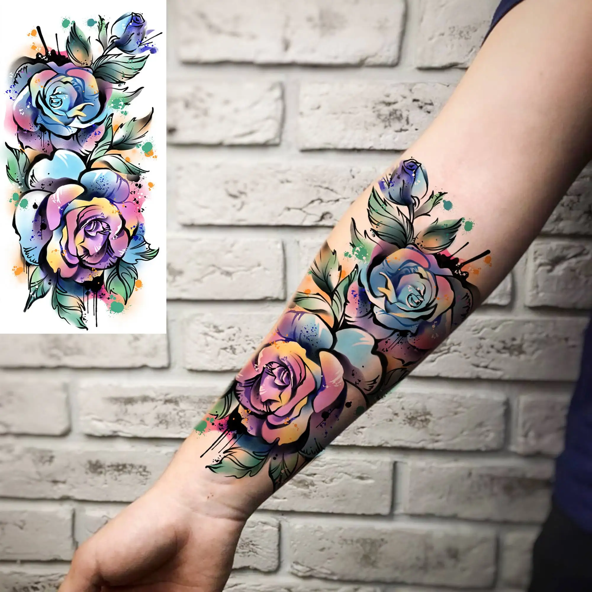 8 Sheets 3D Watercolor Flower Temporary Tattoos For Women Adults Lion Compass Flower Tattoos Fake Floral Peony Rose Tatoos Paste