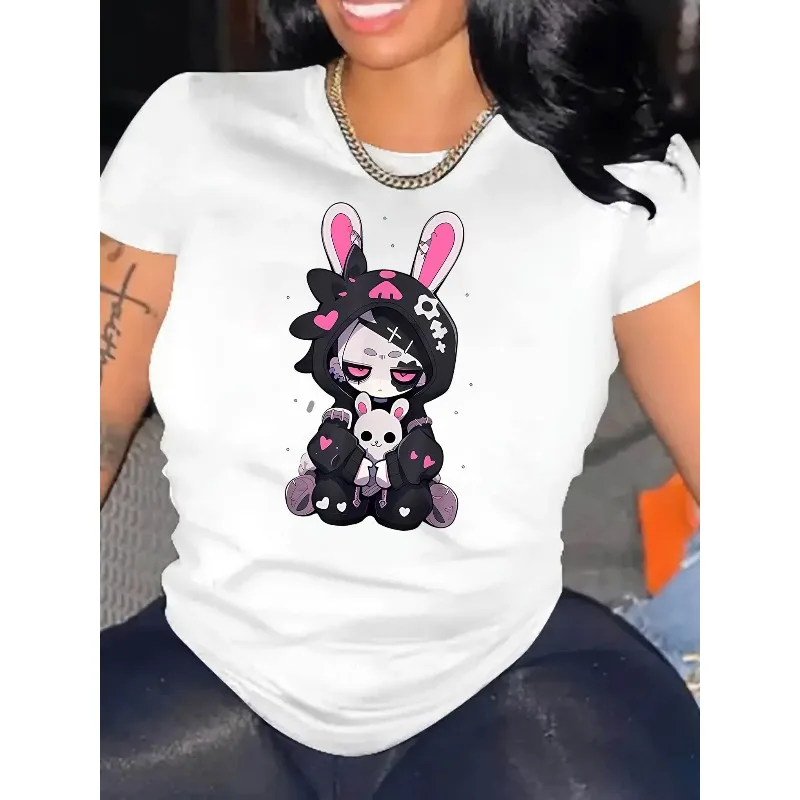 

Women's Casual Short-Sleeve T-Shirt with Adorable Rabbit and Skull Print Soft Crew Neck, Year-Round Comfort Cotton T-Shirt